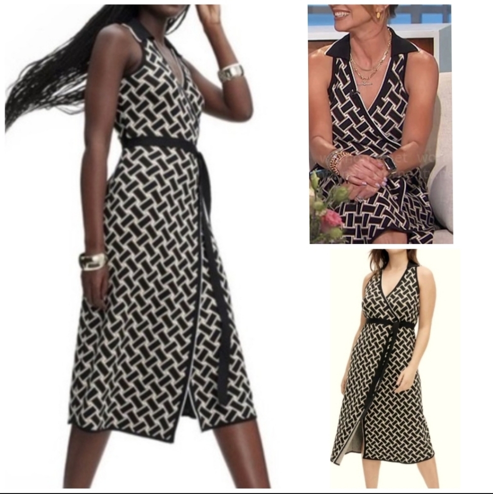 Nwt Diane von Furstenberg DVF Trgt Black Geometric Knit Wrap Dress Vintage Weave